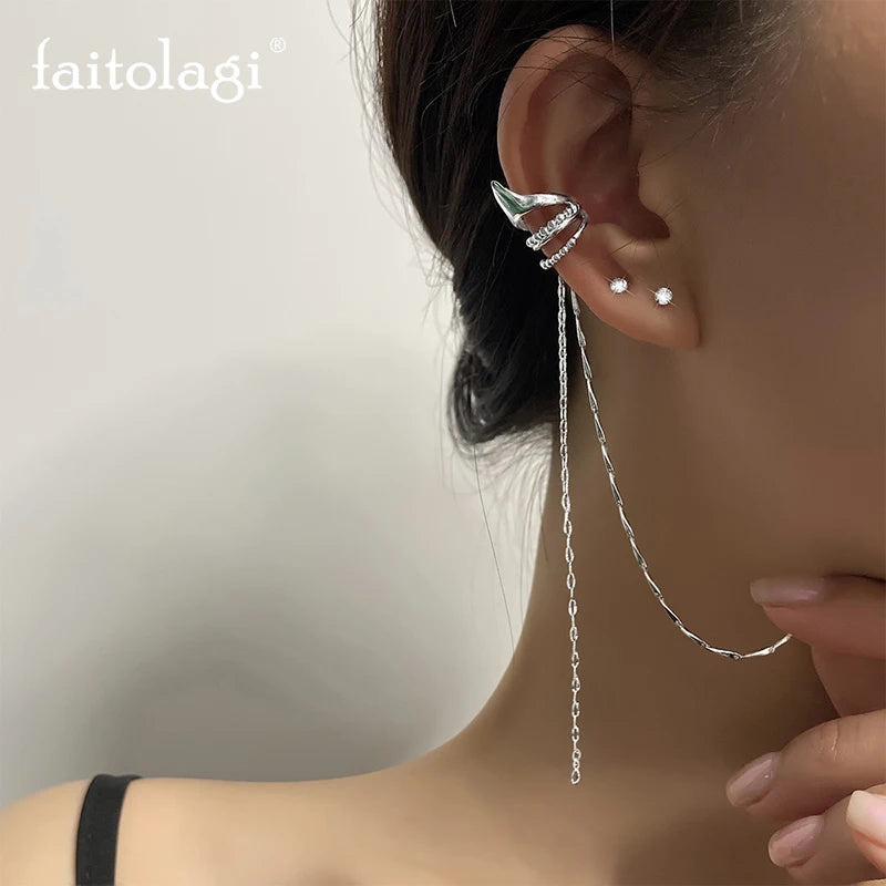 Long Tassel Ear Clip Gothic Fairy Silver Earring