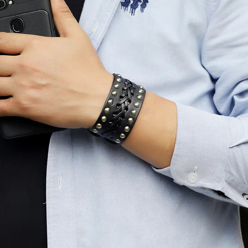 Multilayer Rock Spikes Rivet Chains Gothic Punk Leather Bracelet