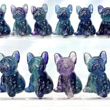 Natural Stone Rainbow Fluorite Dog French Bulldog Carved Animal Crystal Craft