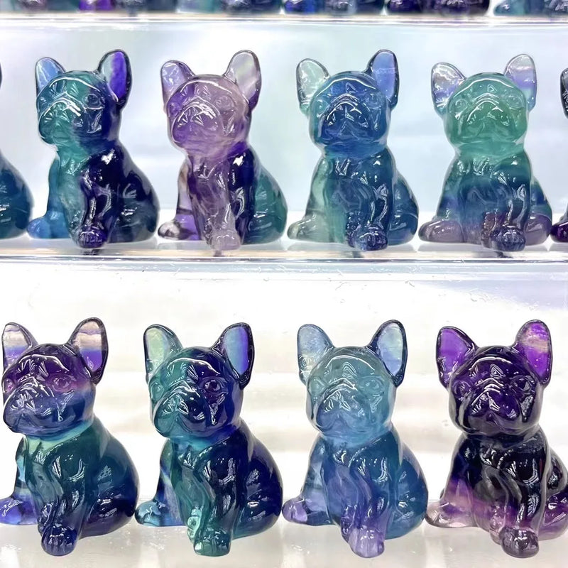 Natural Stone Rainbow Fluorite Dog French Bulldog Carved Animal Crystal Craft