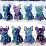 Natural Stone Rainbow Fluorite Dog French Bulldog Carved Animal Crystal Craft