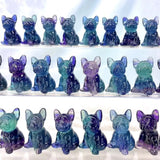 Natural Stone Rainbow Fluorite Dog French Bulldog Carved Animal Crystal Craft