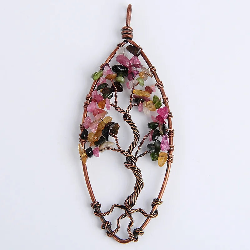 Antique Copper Tree of Life Pendant with Tourmaline Charm