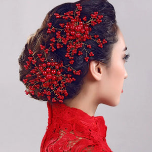 Red Pearl Crystal Women Hair Combs Bride Tiaras Headpiece Hair Jewelry