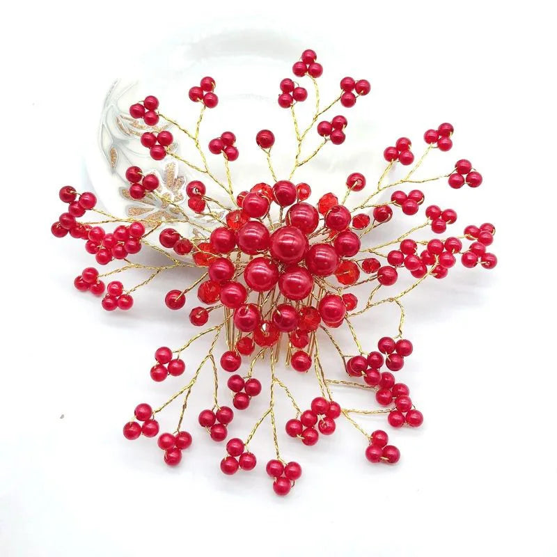 Red Pearl Crystal Women Hair Combs Bride Tiaras Headpiece Hair Jewelry