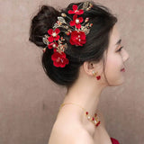 Red Pearl Crystal Women Hair Combs Bride Tiaras Headpiece Hair Jewelry