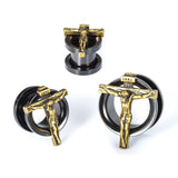 Golden Jesus Cross Ear Tunnel Plugs Flesh Piercing Expander Earring