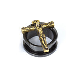 Golden Jesus Cross Ear Tunnel Plugs Flesh Piercing Expander Earring