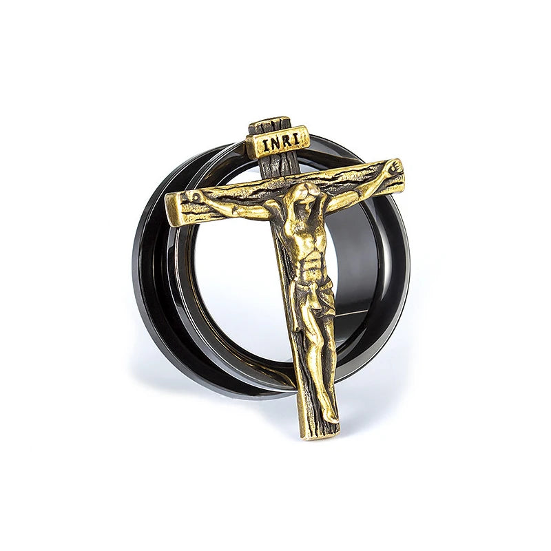 Golden Jesus Cross Ear Tunnel Plugs Flesh Piercing Expander Earring
