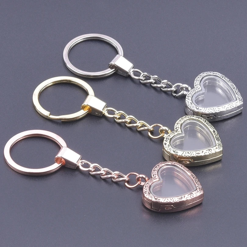 Vintage Heart Locket Keychain Couple Love Glass Memory Relicario Key Chains