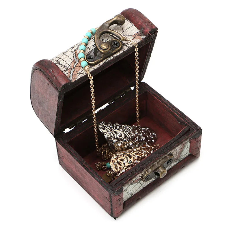 Vintage Wooden Map Storage Box Metal Locking Jewelry Cufflinks Chest
