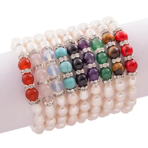 Fresh Water Pearl Opal Crystal Beaded Stretch Bracelet BR06