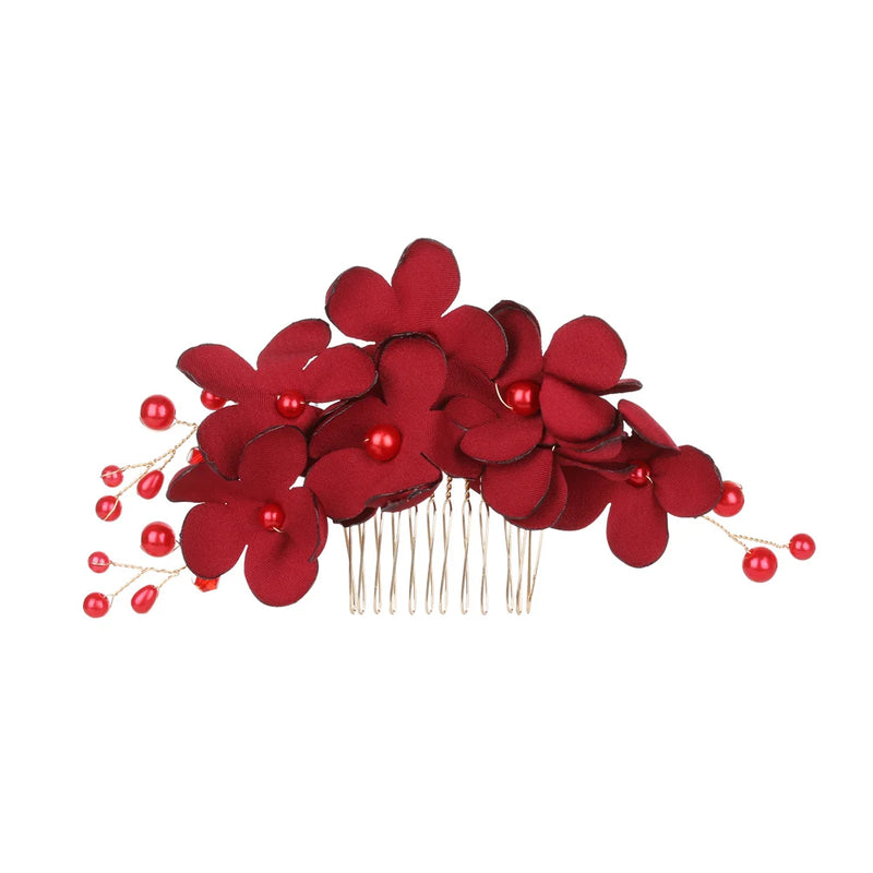 Red Flower Hair Comb Crystal Hair Clip Bridal Hairpin