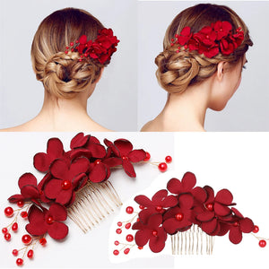Red Flower Hair Comb Crystal Hair Clip Bridal Hairpin