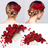 Red Flower Hair Comb Crystal Hair Clip Bridal Hairpin