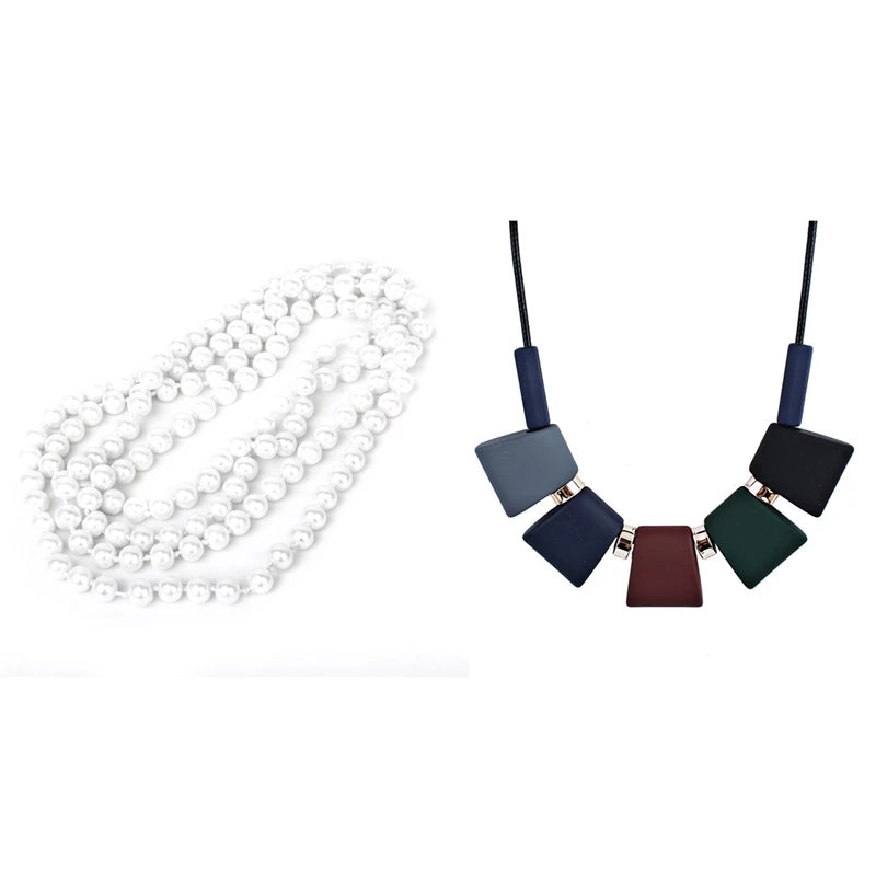 Faux Pearl Long Sweater Chain & Beaded Choker Necklace Set