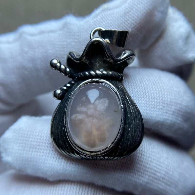 Natural Cherry Blossom Agate Pendant Necklace 925 Silver Inlaid Woman Jewelry