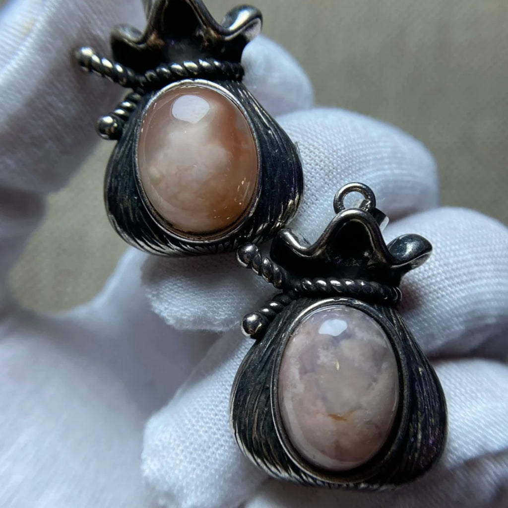 Natural Cherry Blossom Agate Pendant Necklace 925 Silver Inlaid Woman Jewelry