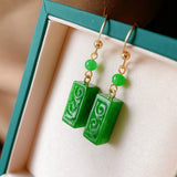 Natural Emerald Green Jade Cube Earrings 14K Hook Women Jewelry