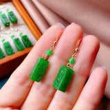 Natural Emerald Green Jade Cube Earrings 14K Hook Women Jewelry