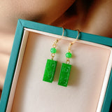 Natural Emerald Green Jade Cube Earrings 14K Hook Women Jewelry
