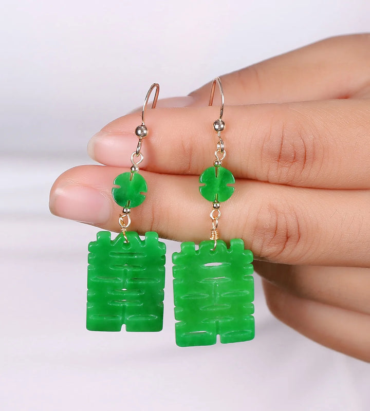 Natural Emerald Dry Sapphire Jade Double Happiness Lucky Earring
