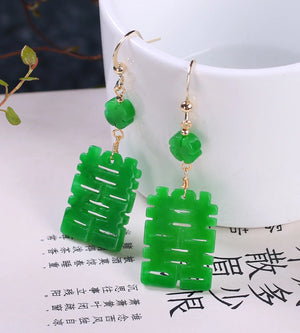 Natural Emerald Dry Sapphire Jade Double Happiness Lucky Earring