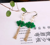 Jadeite Sapphire Knot Tassel Earrings 14K Hook Women's Jewelry