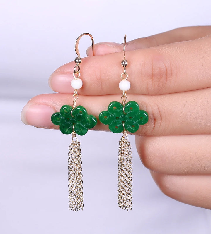 Jadeite Sapphire Knot Tassel Earrings 14K Hook Women's Jewelry