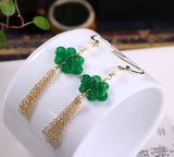 Jadeite Sapphire Knot Tassel Earrings 14K Hook Women's Jewelry