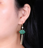 Jadeite Sapphire Knot Tassel Earrings 14K Hook Women's Jewelry