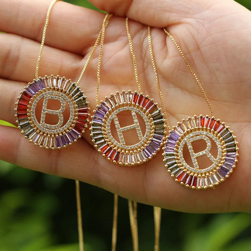 Rainbow CZ Initial Pendant Necklace for Women