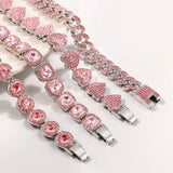 Pink Rhinestone Miami Cuban Chain Bracelet Chunky Tennis Jewelry