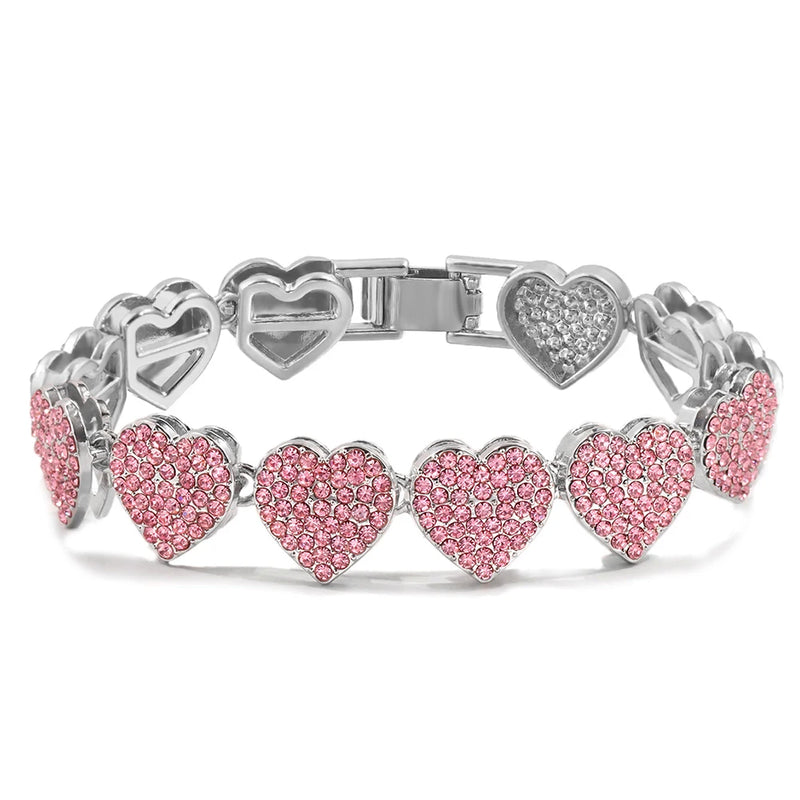 Pink Rhinestone Miami Cuban Chain Bracelet Chunky Tennis Jewelry