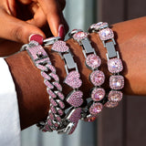 Pink Rhinestone Miami Cuban Chain Bracelet Chunky Tennis Jewelry