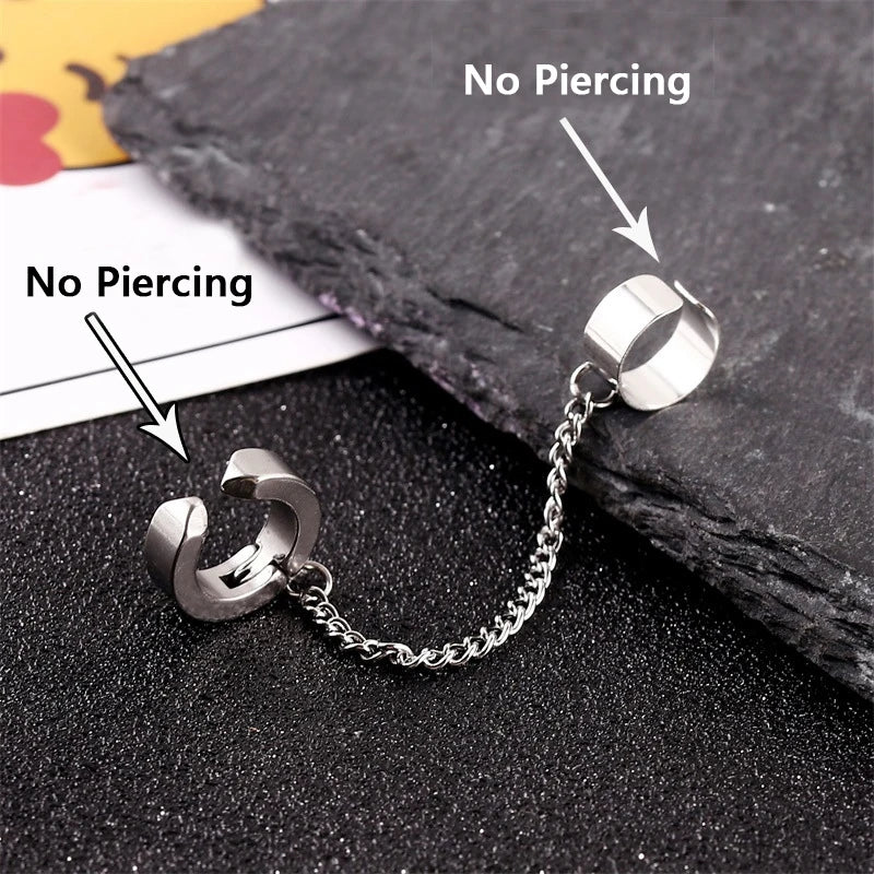 Stainless Steel Ear Cuff Drop Chain Earrings for Men Women Punk Rock