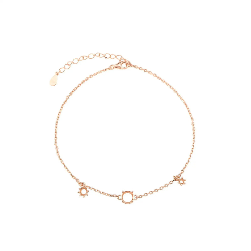 Three Stones Round Prong Bracelet Settings Rose Plated 925 Sterling Silver
