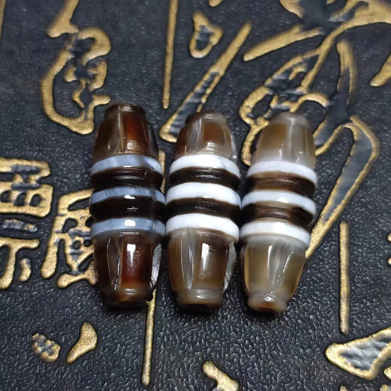 Tibet 3 Lines Totem 10mm Black/White Agate Dzi Beads Carving Instrument