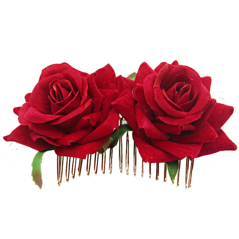Red Rose Flower Hair Comb Bridal Wedding Jewelry Prom Headpiece