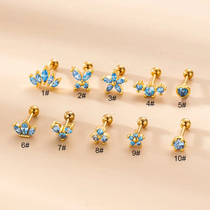 Zircon Crown Flower Earrings for Women Ear Cuff Stainless Steel Piercing Stud