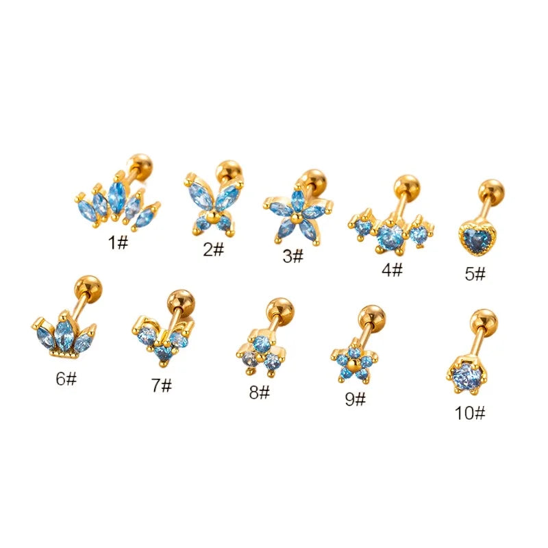 Zircon Crown Flower Earrings for Women Ear Cuff Stainless Steel Piercing Stud