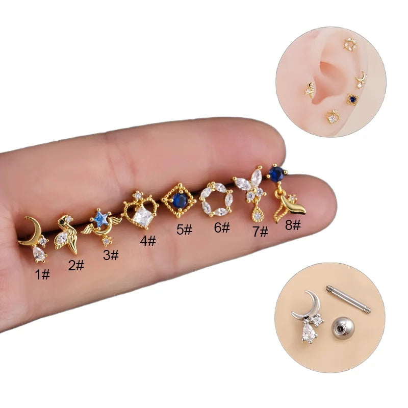 Zircon Stainless Steel Ear Cuff Earring for Women Moon Geometry Piercing Stud
