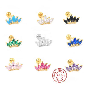 Multicolor Zircon Crown Stud Earrings 925 Sterling Silver Cartilage Piercing