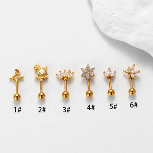 16G Rod Screw Ear Bone Stud Earrings Flower Zircon Earring for Teens