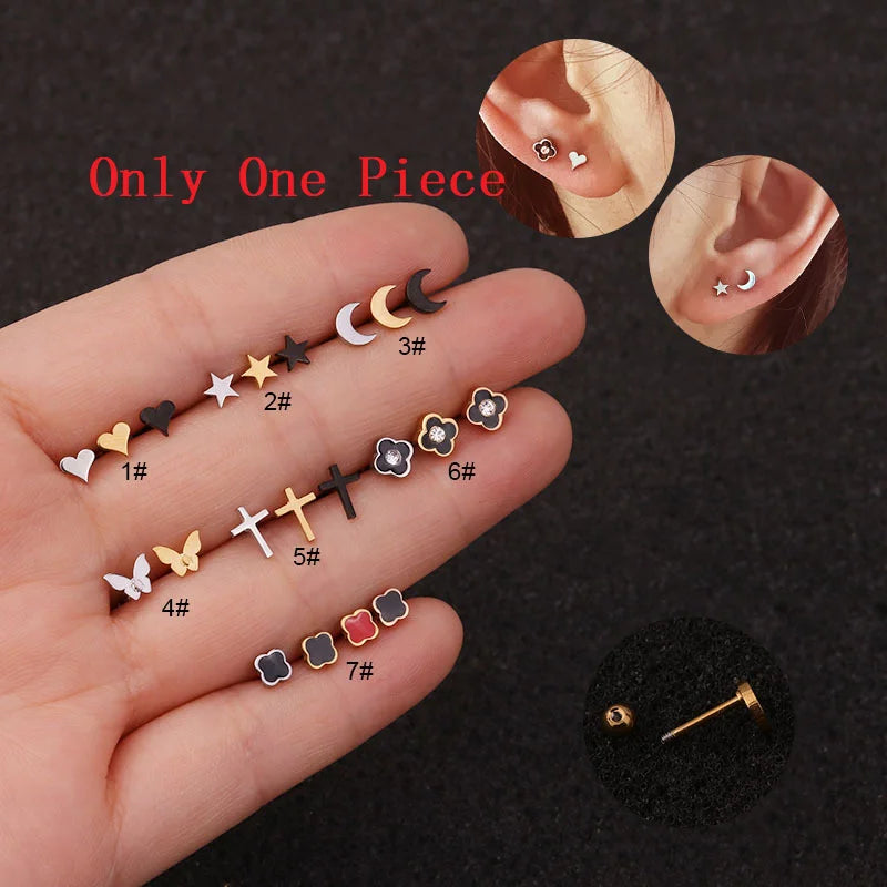 Personality Piercing Stud Earrings for Women Cross Heart Stainless Steel