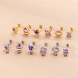 Purple Zircon Cross Flower Earrings Stainless Steel Piercing Stud