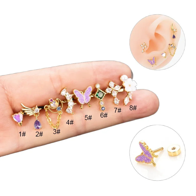 Stainless Steel Thin Rod Ear Bone Studs Purple Butterfly Heart Earrings