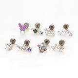 Stainless Steel Thin Rod Ear Bone Studs Purple Butterfly Heart Earrings