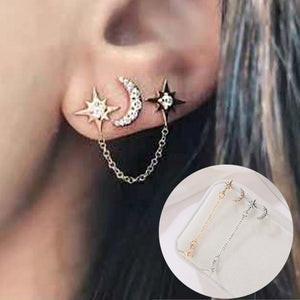 Stainless Steel Double Star Moon Stud Earrings Set Women Jewelry