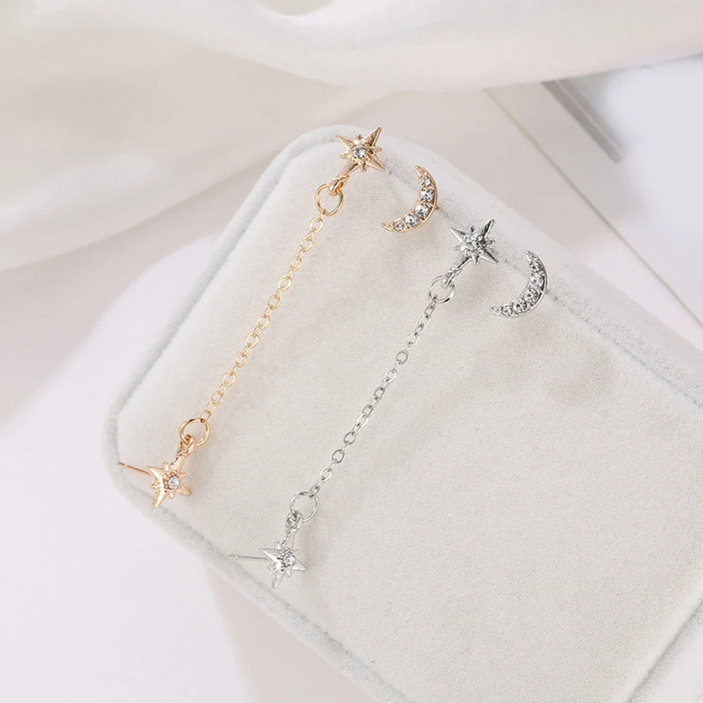 Stainless Steel Double Star Moon Stud Earrings Set Women Jewelry